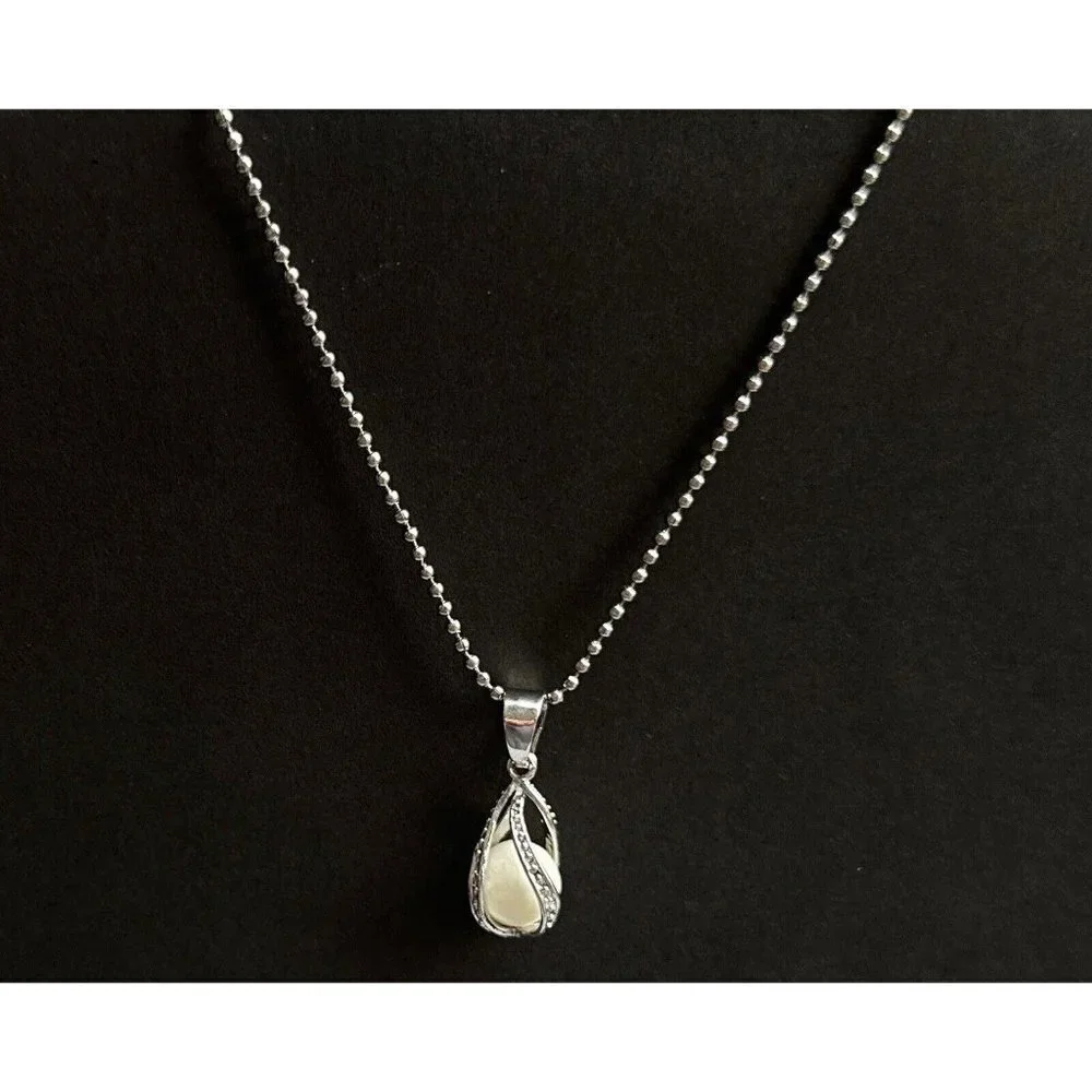 Faux Pearl Pendant Silvertone & Glass Druzy Taerdrop Charm with accents Necklace - Picture 2 of 5